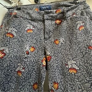 Old Navy Pixie Mid-Rise Pants with White Floral on Gray with Orange red accents
